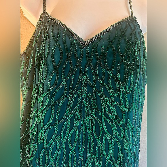 Laurence Kazar Vintage Dress Size XL Emerald Green Sequin Silk Spaghetti Straps - Picture 3 of 15